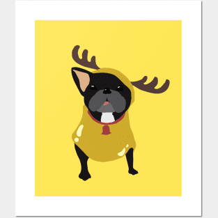 Frenchie in Reindeer Costume Posters and Art